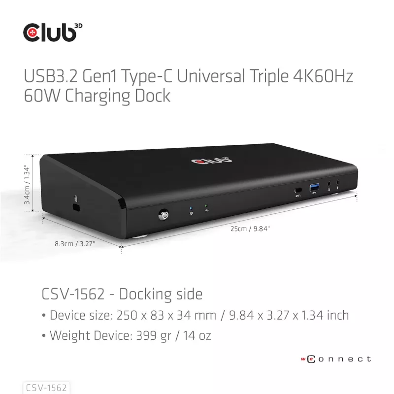 CLUB3D CSV-1562 é uma docking station universal de carregamento USB3.2 Gen1 Type-C Triple 4K30Hz e certificada DisplayLink®. A docking station universal de carregamento