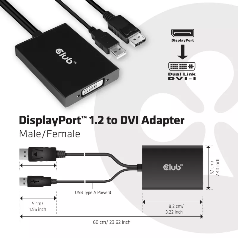 Adaptador ativo CLUB3D DisplayPort para Dual Link DVI-D HDCP ON Versão M/F