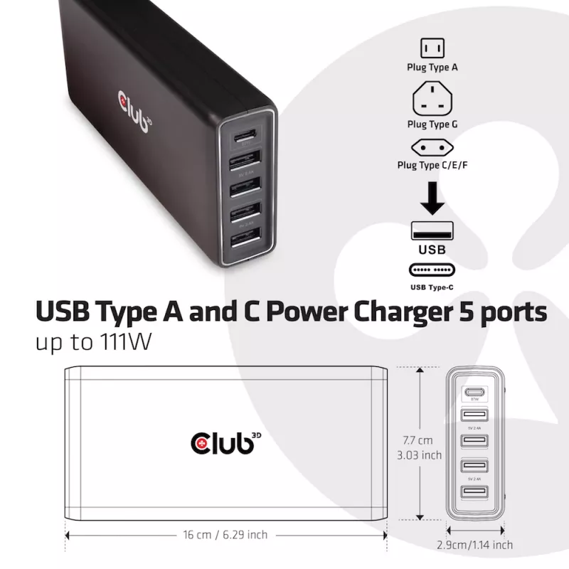 Carregador CLUB3D USB Tipo A e C, 5 portas até 111 W