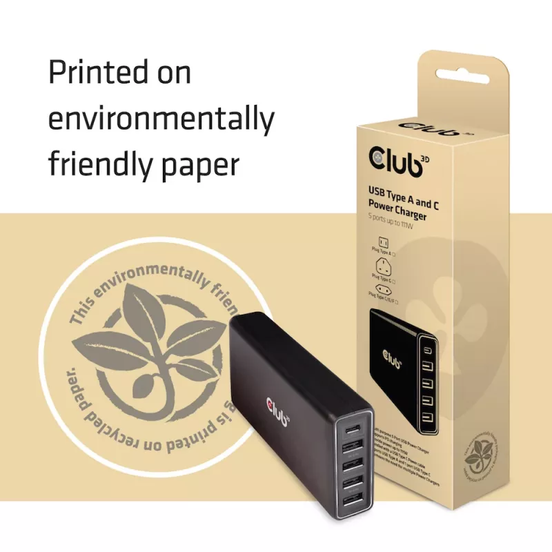 Carregador CLUB3D USB Tipo A e C, 5 portas até 111 W