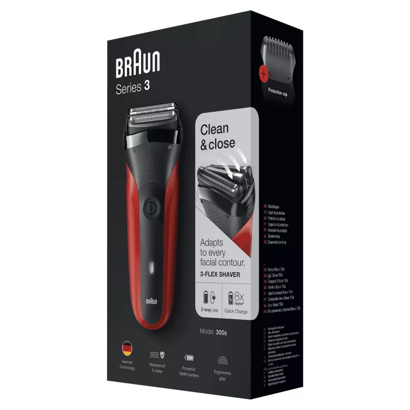 Máquina de barbear de lâmina Braun Series 3 300s com aparador preto, vermelho