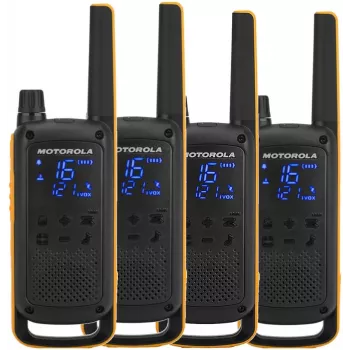 Rádio bidirecional Motorola Talkabout T82 Extreme Quad Pack — 4× emissores-receptores PMR, 16 canais, IPX4, 500 mW, NiMH recarregável, Micro-USB