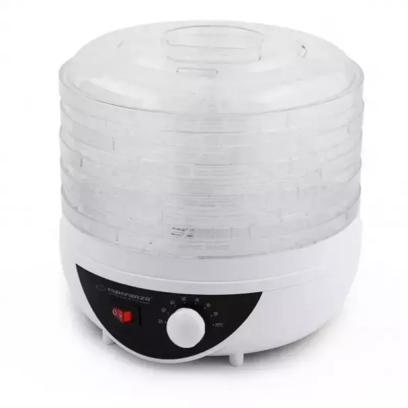 Desidratador ESPERANZA EKD002 – 5 tabuleiros, 250 W, termostato ajustável, temperatura máxima 75 °C, branco translúcido