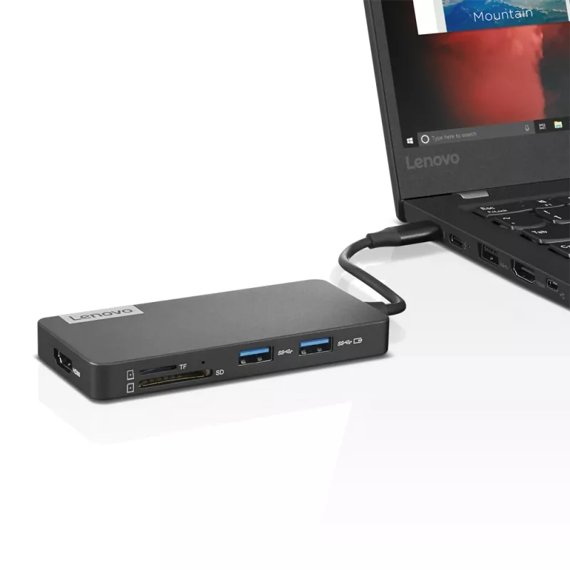 Docking station Lenovo GX90T77924 — Hub USB-C com HDMI 1.4, 2×USB-A 3.2 Gen1, USB‑2.0, leitor de cartões microSD, cinzento