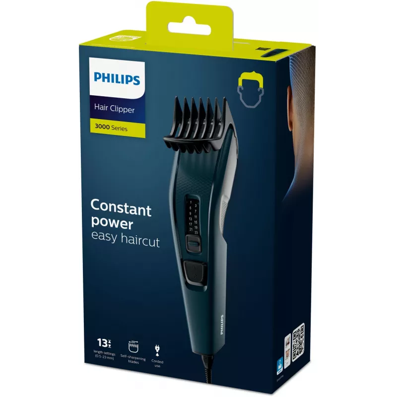 Philips HC3505/15 Hairclipper Series 3000 máquina de cortar cabelo com fio, 13 definições de comprimento, 0,5–23 mm, lâmina de 41 mm, lâminas autoafiáveis em aço inoxidável, preto