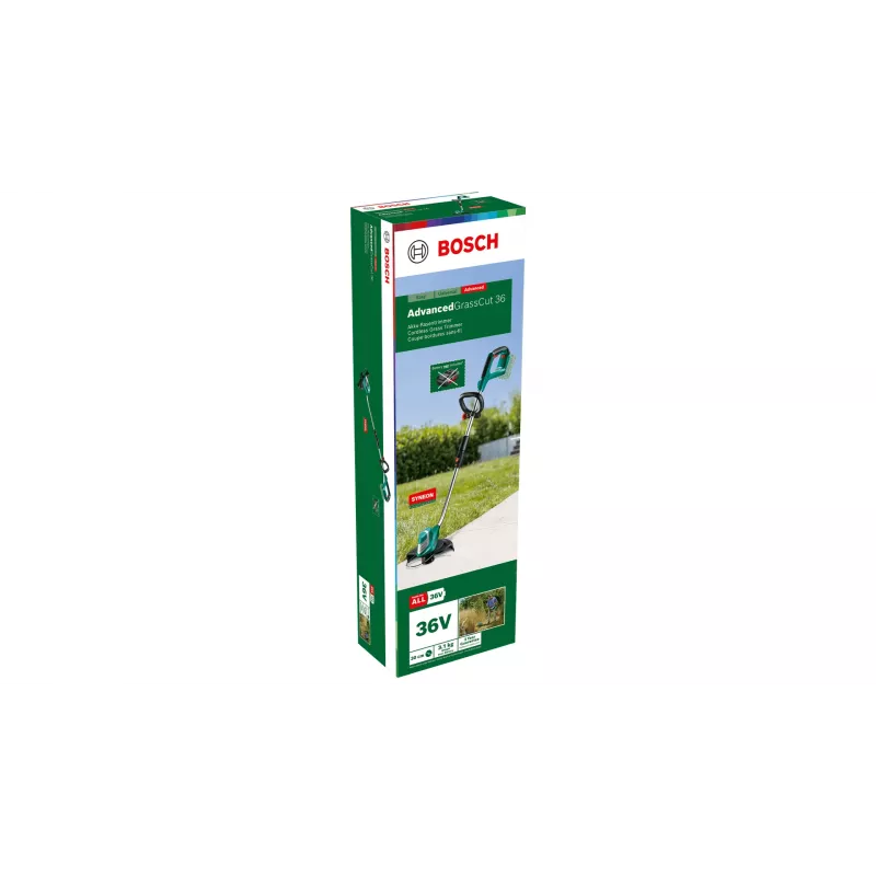 Bosch AdvancedGrassCut 36 aparador de relva a bateria, 36 V, 30 cm, fio de nylon, haste telescópica, punho auxiliar ajustável, 2,9 kg, sem bateria e carregador, verde/preto