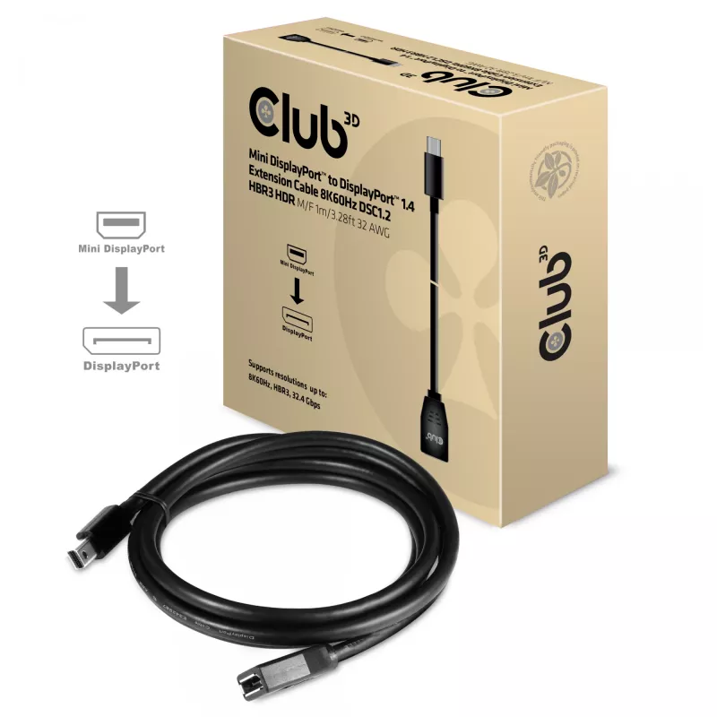 Club 3D CAC-1121 cabo de extensão de Mini DisplayPort para DisplayPort 1.4, 8K60Hz, DSC 1.2, HBR3, HDR, 32AWG, M/F, 1 m (3,28 ft), preto