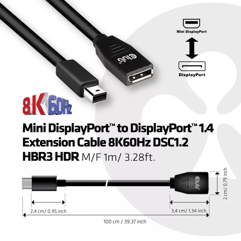 Club 3D CAC-1121 cabo de extensão de Mini DisplayPort para DisplayPort 1.4, 8K60Hz, DSC 1.2, HBR3, HDR, 32AWG, M/F, 1 m (3,28 ft), preto