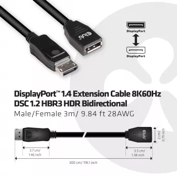 CLUB3D Cabo de extensão DisplayPort 1.4 8K60Hz DSC 1.2 HBR3 HDR bidirecional M/F 3m/9.84ft