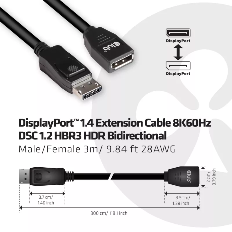 Club 3D CAC-1023 cabo de extensão DisplayPort 1.4 M/F, 8K, 3 m (9,84 ft), preto