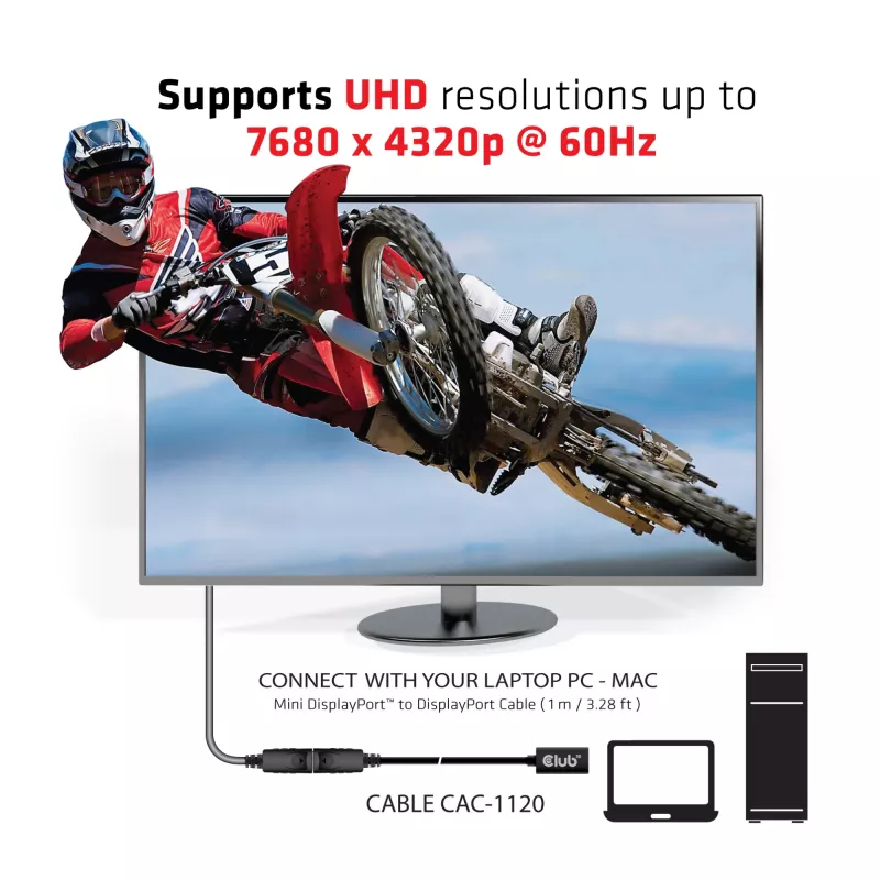 Club 3D CAC-1120 cabo de extensão de Mini DisplayPort 1.4 para DisplayPort F/M, 8K60Hz, 1 m (3,28 ft), preto