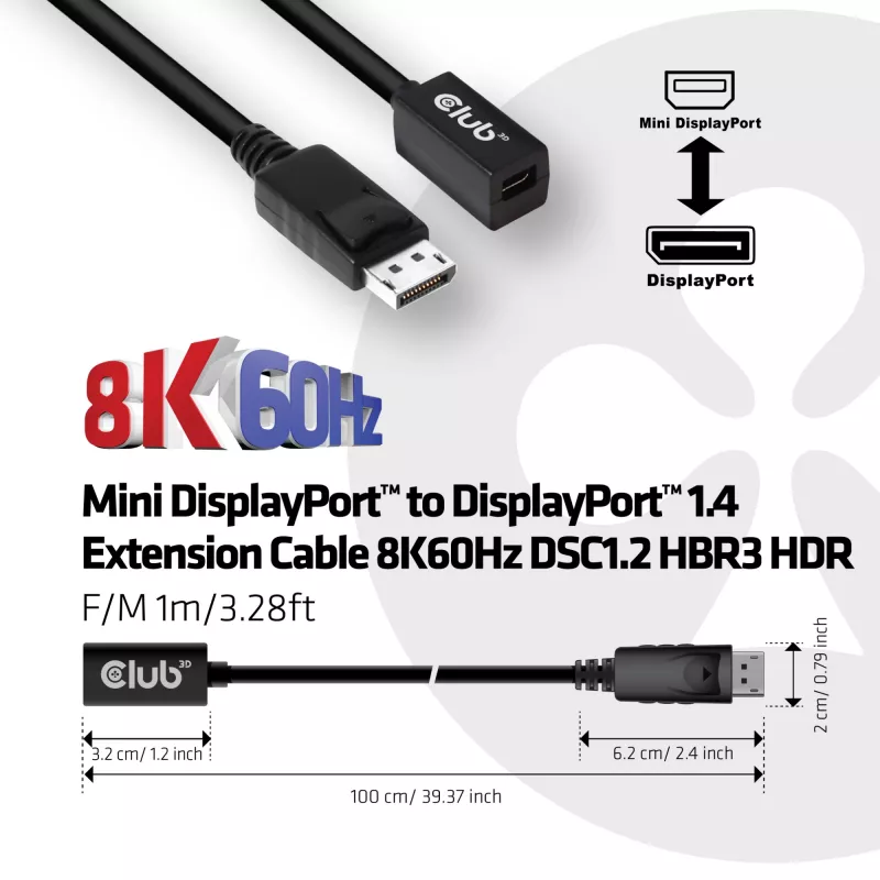 Club 3D CAC-1120 cabo de extensão de Mini DisplayPort 1.4 para DisplayPort F/M, 8K60Hz, 1 m (3,28 ft), preto