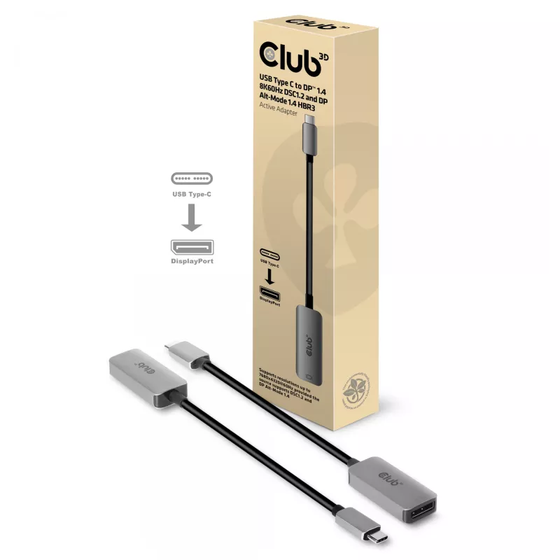 CLUB3D Adaptador ativo USB Type C para DisplayPort 1.4 8K60Hz HBR3