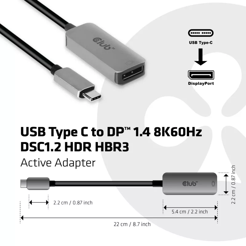 CLUB3D Adaptador ativo USB Type C para DisplayPort 1.4 8K60Hz HBR3