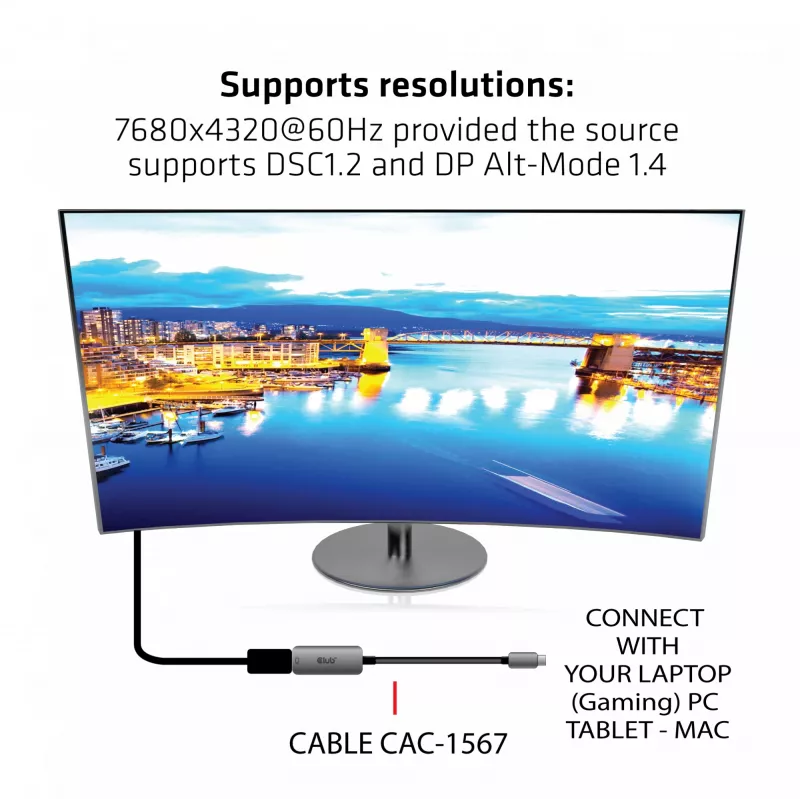 CLUB3D Adaptador ativo USB Type C para DisplayPort 1.4 8K60Hz HBR3
