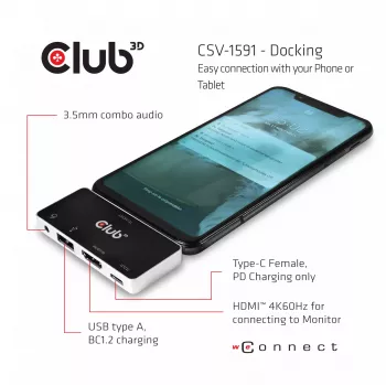 CLUB3D Hub USB Type C 4-em-1 para HDMI™ 4K60Hz USB Type C PD / USB Type A / entrada de áudio