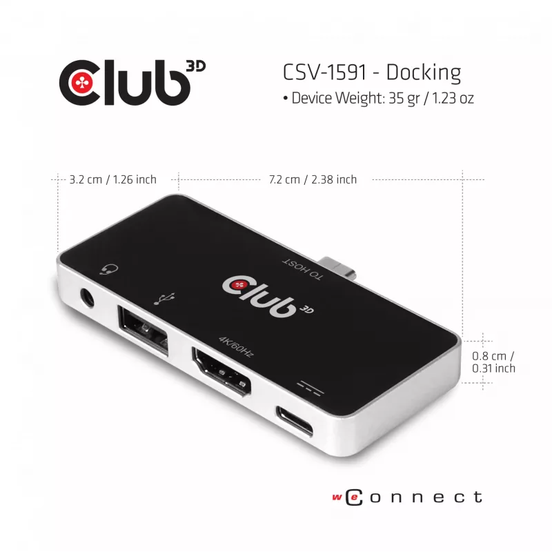 CLUB3D Hub USB Type C 4-em-1 para HDMI™ 4K60Hz USB Type C PD / USB Type A / entrada de áudio