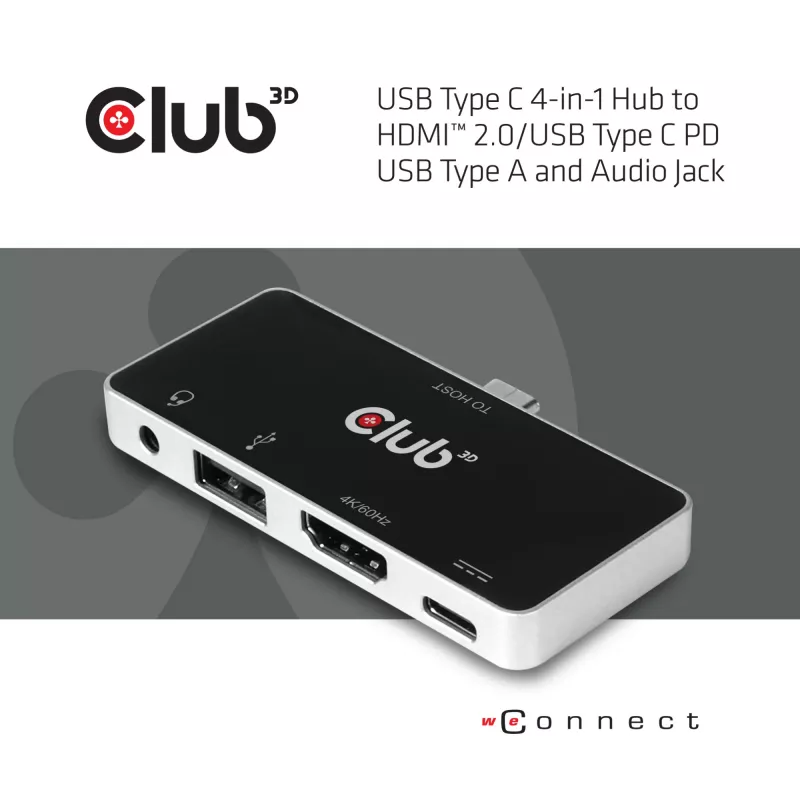 CLUB3D Hub USB Type C 4-em-1 para HDMI™ 4K60Hz USB Type C PD / USB Type A / entrada de áudio
