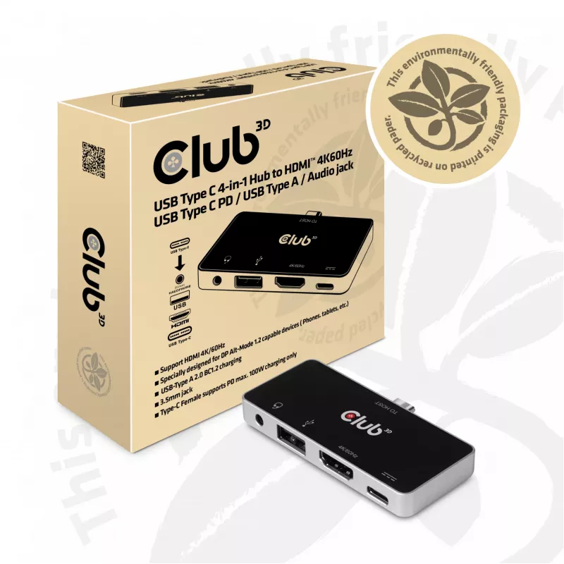 CLUB3D Hub USB Type C 4-em-1 para HDMI™ 4K60Hz USB Type C PD / USB Type A / entrada de áudio