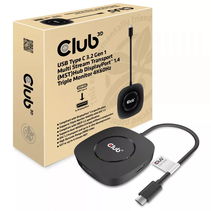 CLUB3D Hub USB Type C 3.2 Gen 1 Multi Stream Transport (MST) DisplayPort 1.4 três monitores