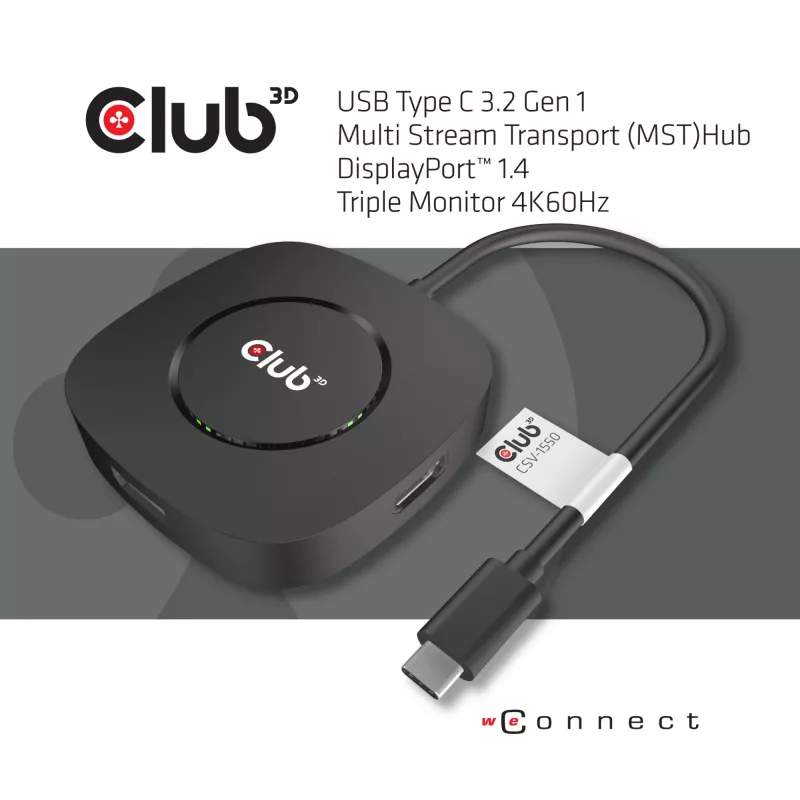 CLUB3D Hub USB Type C 3.2 Gen 1 Multi Stream Transport (MST) DisplayPort 1.4 três monitores