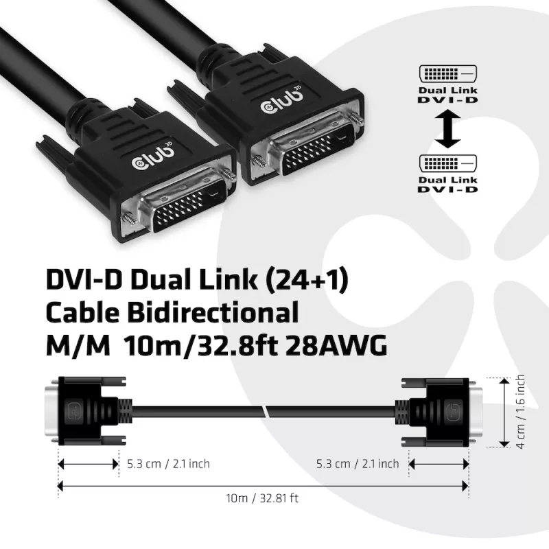 Club 3D CAC-1220 cabo DVI-D Dual Link (24+1) M/M, bidirecional, 28AWG, contactos banhados a ouro, 10 m (32,8 ft), preto