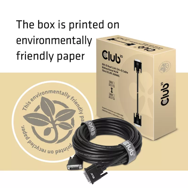 Club 3D CAC-1220 cabo DVI-D Dual Link (24+1) M/M, bidirecional, 28AWG, contactos banhados a ouro, 10 m (32,8 ft), preto