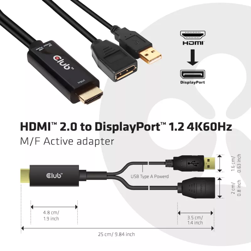 CLUB3D CAC-1331 adaptador de cabo de vídeo 0,25 m HDMI DisplayPort preto