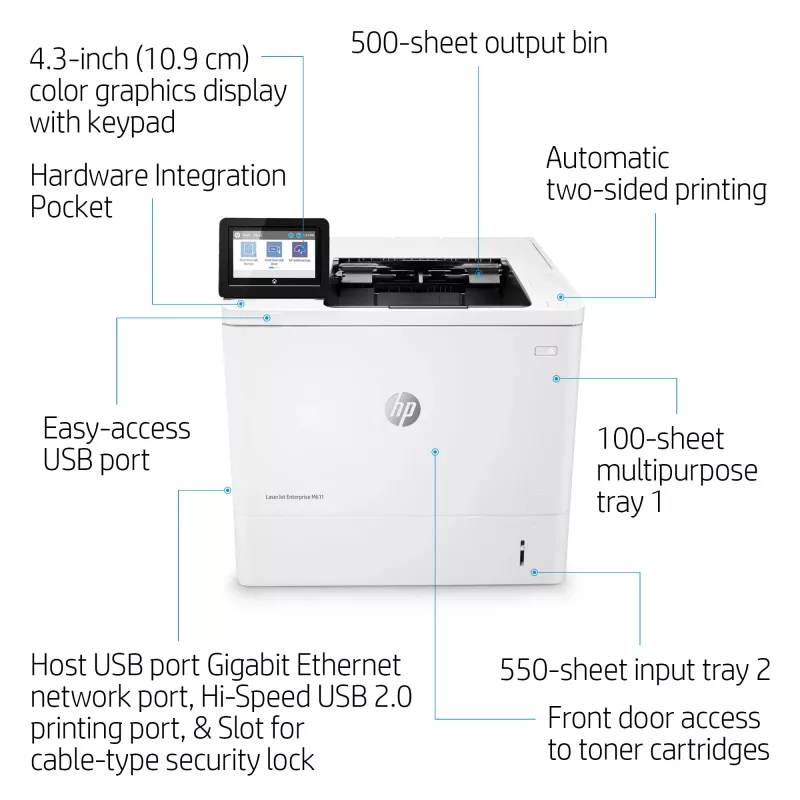 HP LaserJet Enterprise M611dn, laser, 1200 x 1200 DPI, A4, 61 ppm, impressão frente e verso, com capacidade de rede