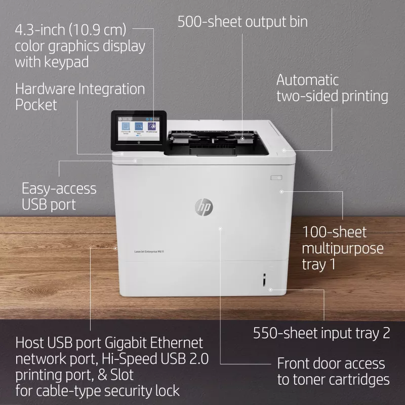 HP LaserJet Enterprise M611dn, laser, 1200 x 1200 DPI, A4, 61 ppm, impressão frente e verso, com capacidade de rede
