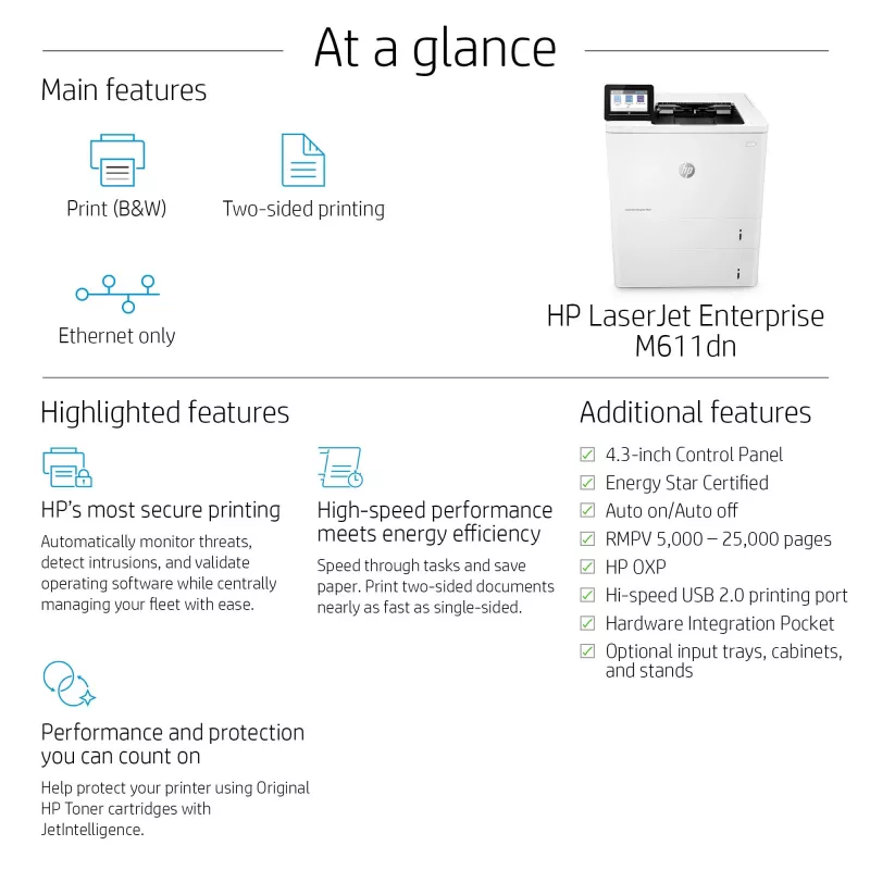 HP LaserJet Enterprise M611dn, laser, 1200 x 1200 DPI, A4, 61 ppm, impressão frente e verso, com capacidade de rede