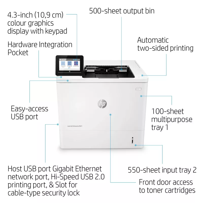 HP LaserJet Enterprise M611dn, laser, 1200 x 1200 DPI, A4, 61 ppm, impressão frente e verso, com capacidade de rede