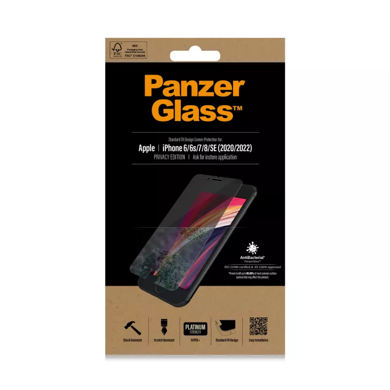 Protetor de ecrã de privacidade PanzerGlass ® iPhone SE (2020/2022) | 8 | 7 | 6 | 6s | Standard Fit