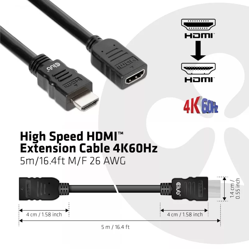 Cabo de extensão HDMI™ High Speed CLUB3D 4K60Hz M/F 5m/16,4ft 26 AWG