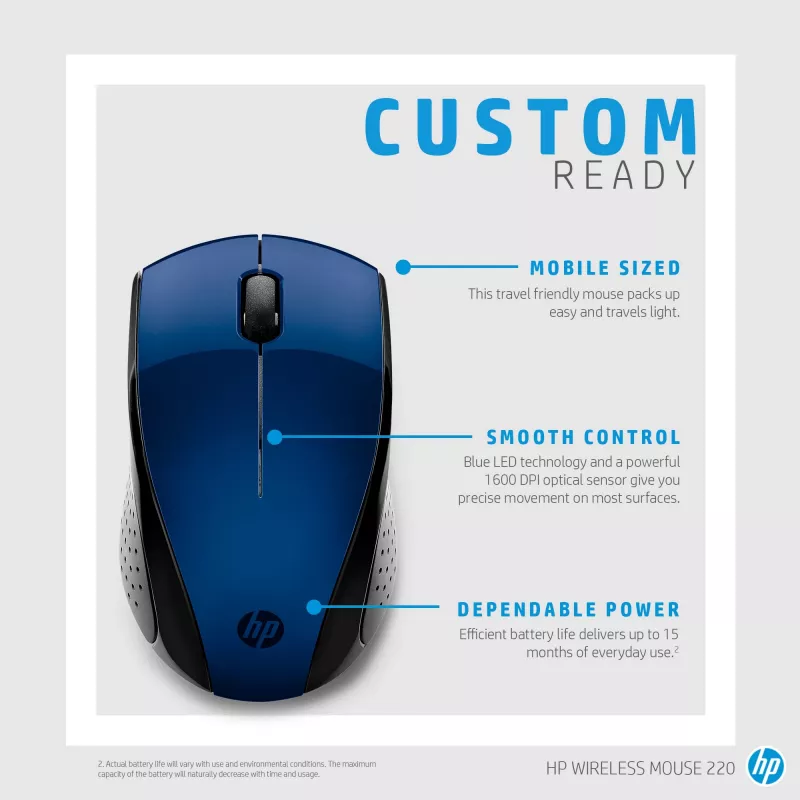 Rato sem fios HP 220 (Lumiere Blue), ambidestro, RF Wireless, azul