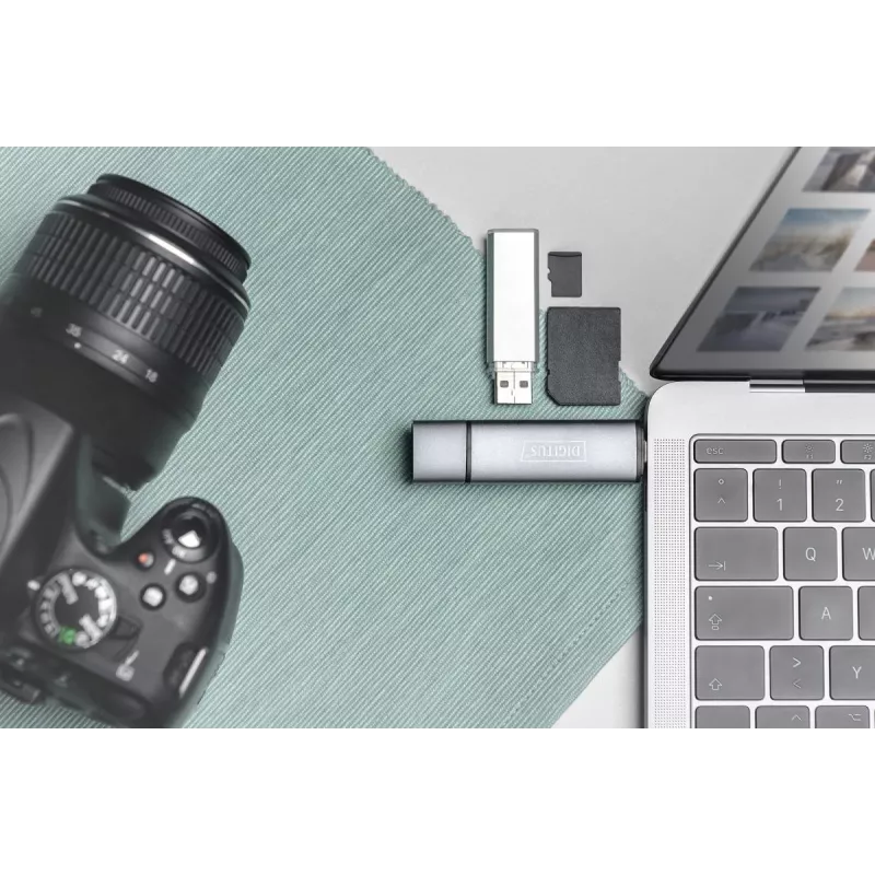 Hub leitor de cartões combo DIGITUS (USB-C+USB 3.0) 1x SD, 1x MicroSD, 1x USB 3.0, cinzento