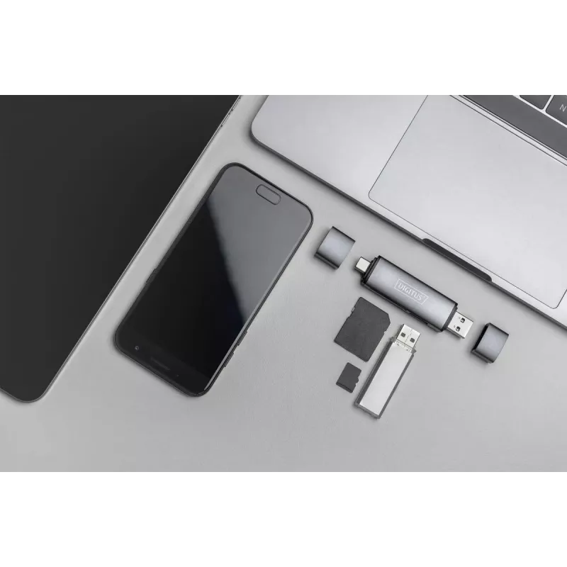 Hub leitor de cartões combo DIGITUS (USB-C+USB 3.0) 1x SD, 1x MicroSD, 1x USB 3.0, cinzento