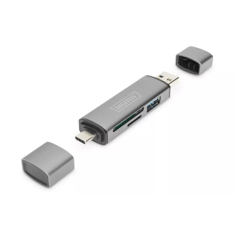 Hub leitor de cartões combo DIGITUS (USB-C+USB 3.0) 1x SD, 1x MicroSD, 1x USB 3.0, cinzento