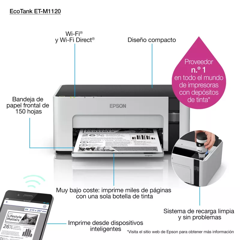 Impressora de jato de tinta Epson EcoTank ET-M1120 — monocromática, A4, 1440x720 DPI, Wi‑Fi, depósito de tinta recarregável