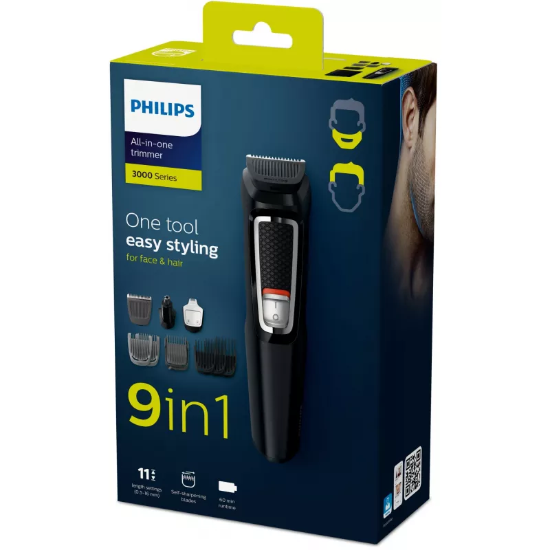 Aparador Multigroomer Philips MULTIGROOM Series 3000 9-in-1 MG3740/15 — bateria NiMH, 60 min. de autonomia, lâminas de aço inoxidável, 9 pentes de encaixe, preto
