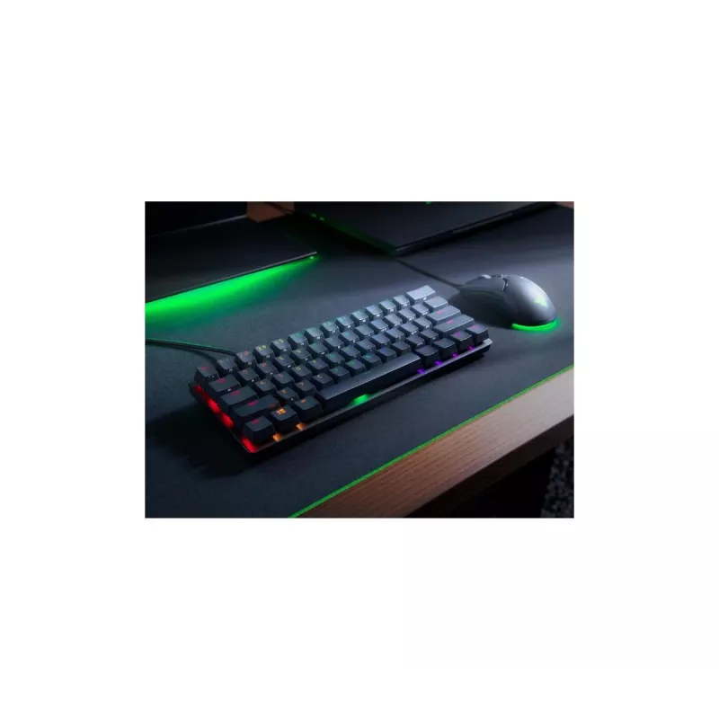 Teclado mecânico gaming Razer Huntsman Mini, fator de forma mini, QWERTY US International, interruptores óticos, com fio USB, preto