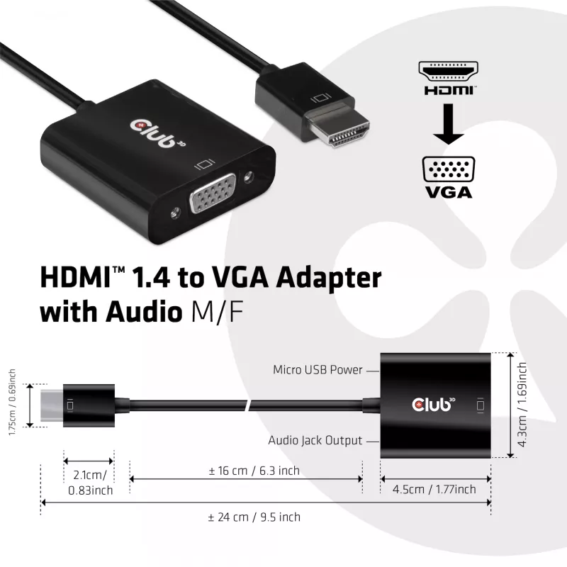 Adaptador de cabo de vídeo CLUB3D CAC-1302 0,5 m HDMI tipo A (Standard) VGA (D-Sub) preto