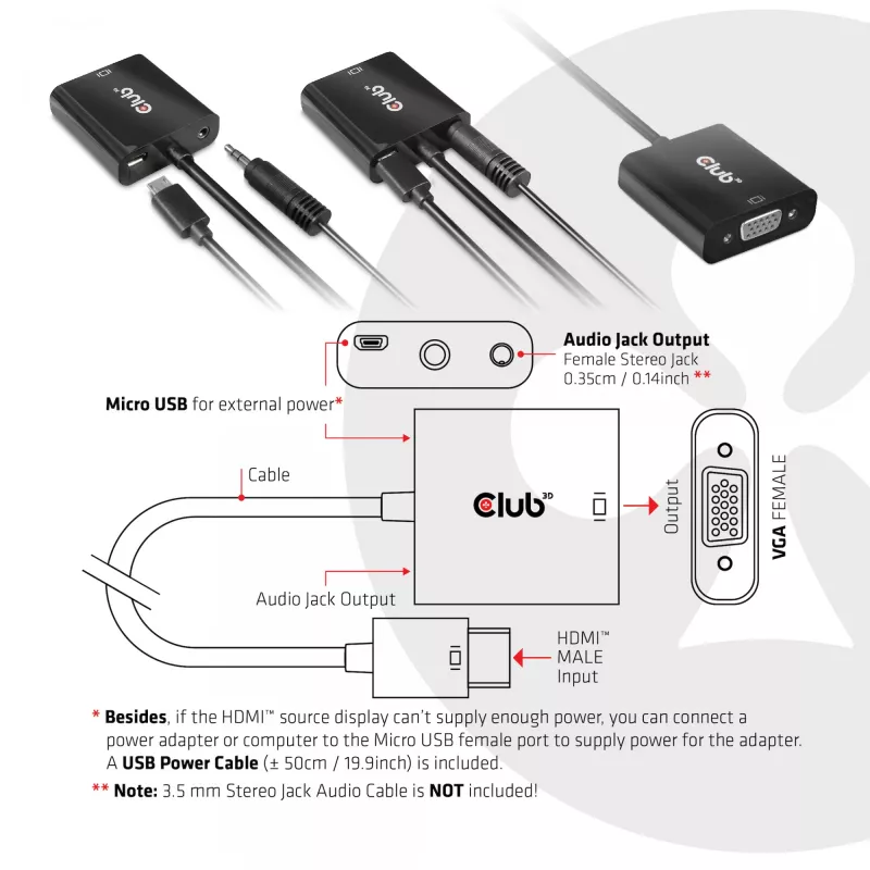 Adaptador de cabo de vídeo CLUB3D CAC-1302 0,5 m HDMI tipo A (Standard) VGA (D-Sub) preto