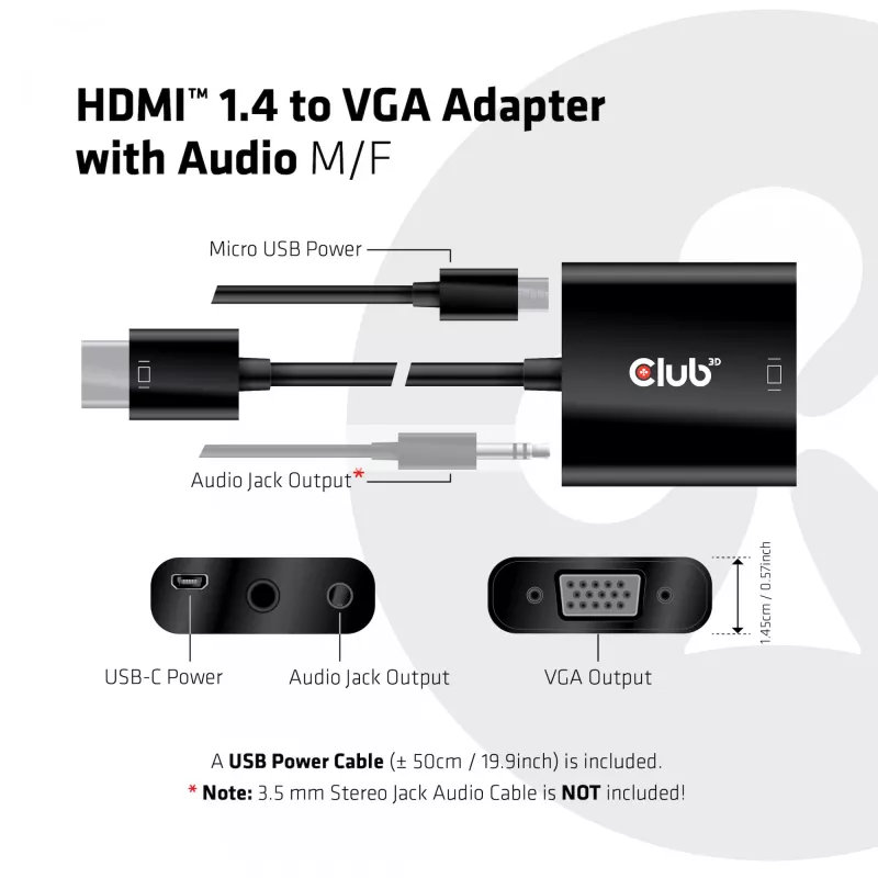 Adaptador de cabo de vídeo CLUB3D CAC-1302 0,5 m HDMI tipo A (Standard) VGA (D-Sub) preto