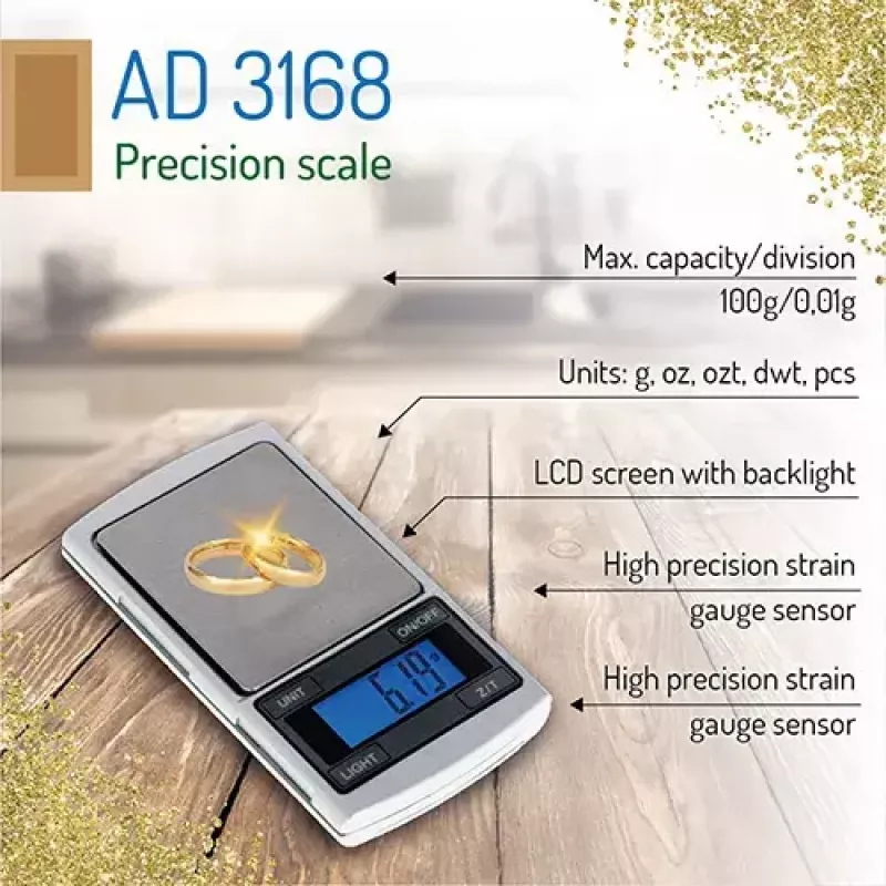Balança de precisão Adler AD 3168, capacidade 100 g, precisão 0.01 g, prateada, portátil