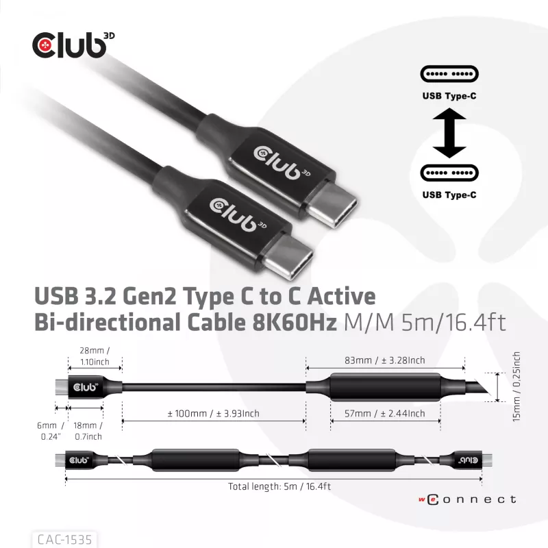 CLUB3D Cabo USB 3.2 Gen2 Type C para C Ativo Bidirecional 8K60Hz M/M 5m/16.4ft