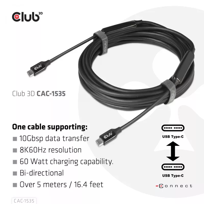 CLUB3D Cabo USB 3.2 Gen2 Type C para C Ativo Bidirecional 8K60Hz M/M 5m/16.4ft