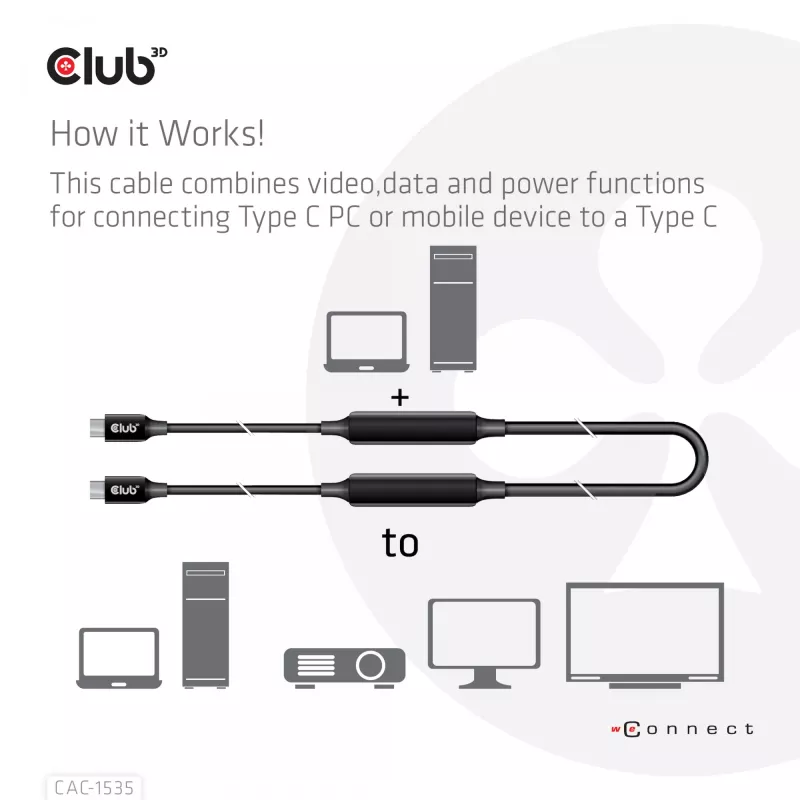 CLUB3D Cabo USB 3.2 Gen2 Type C para C Ativo Bidirecional 8K60Hz M/M 5m/16.4ft