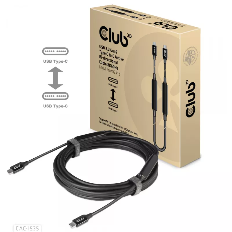 CLUB3D Cabo USB 3.2 Gen2 Type C para C Ativo Bidirecional 8K60Hz M/M 5m/16.4ft