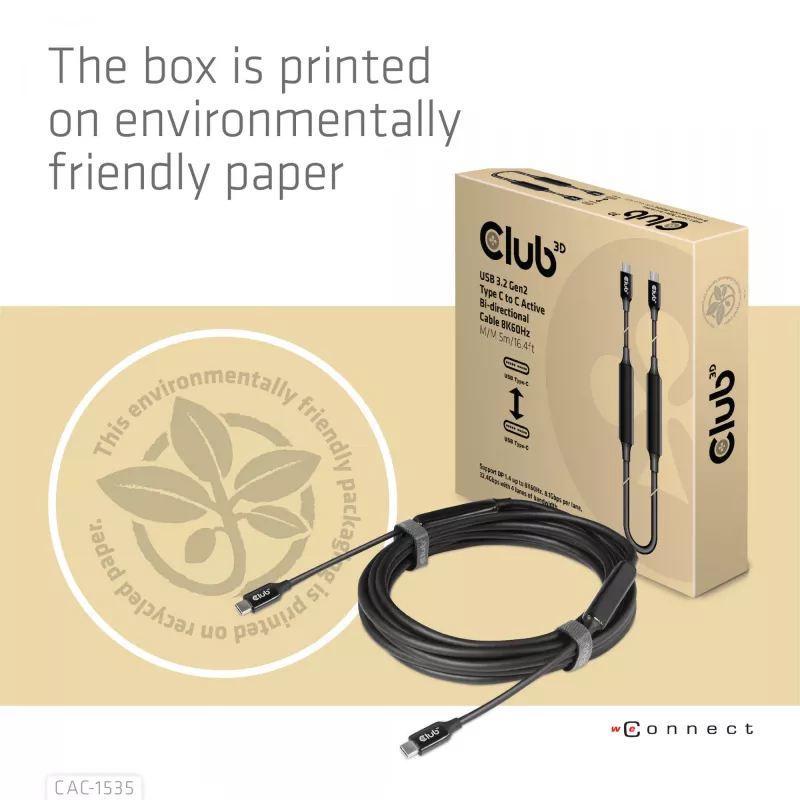 CLUB3D Cabo USB 3.2 Gen2 Type C para C Ativo Bidirecional 8K60Hz M/M 5m/16.4ft